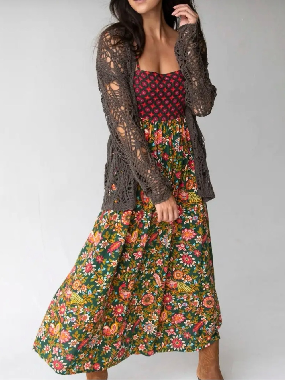 NATURAL LIFE Green Floral Midi Dress with Pink Bodice
